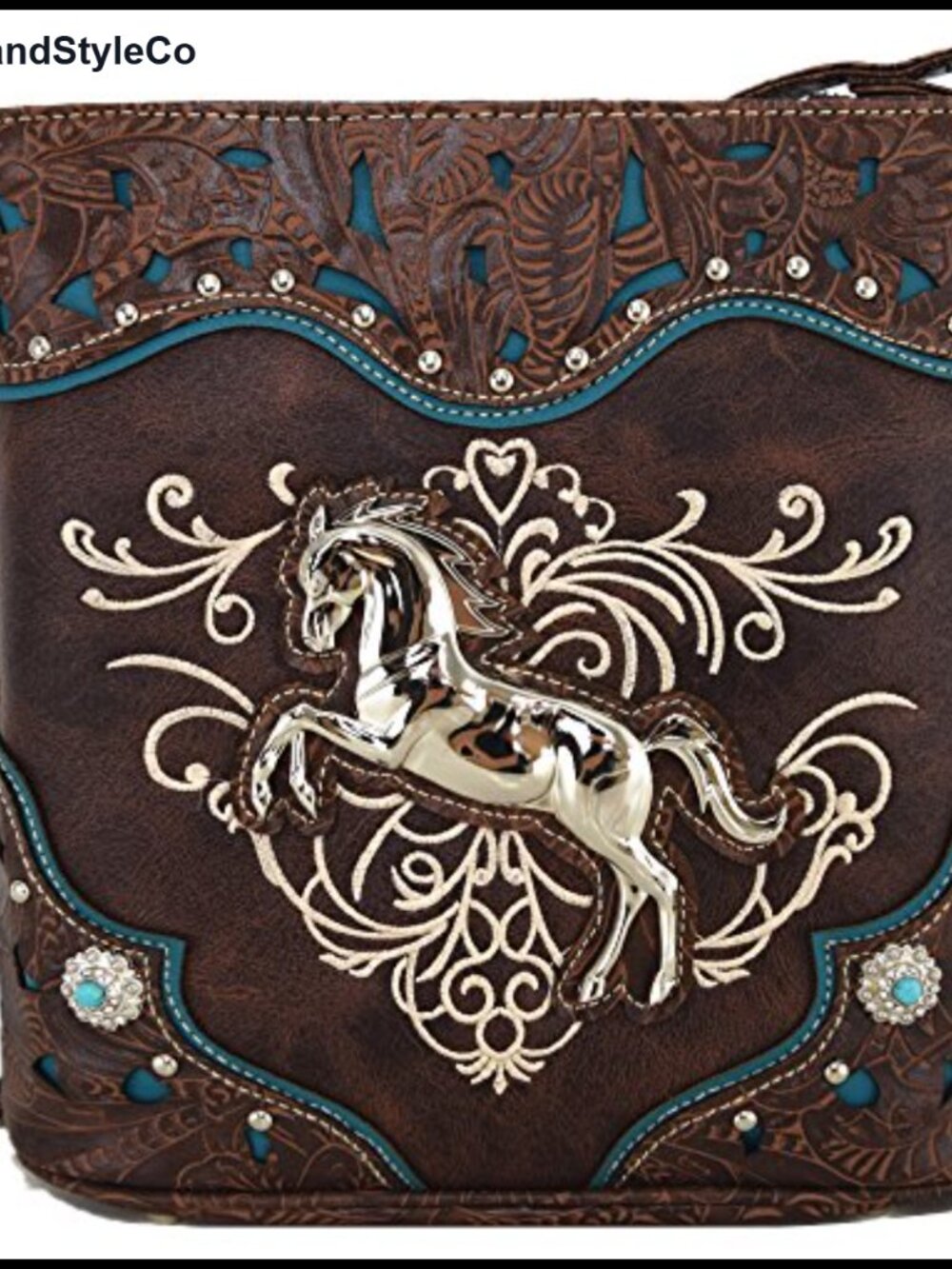 Vegan Leather Western Horse Crossbody Purse Embroidered Floral Rhinestone